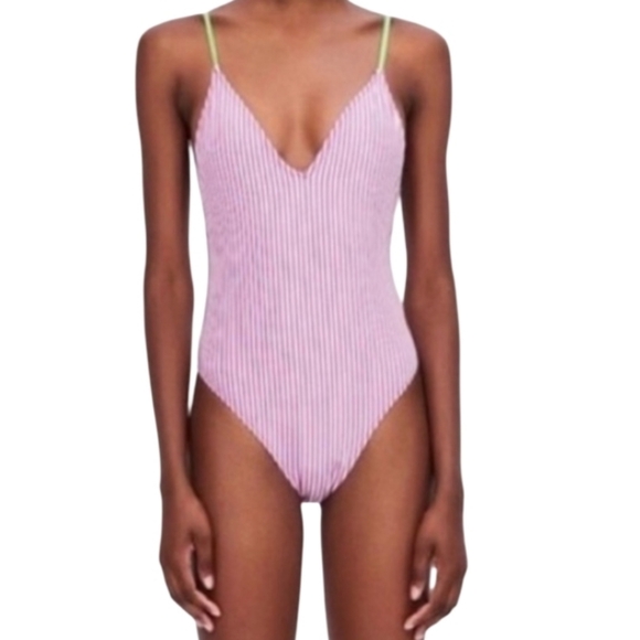 Zara Other - Zara PINK & WHITE STRIPED ONE PIECE SWIMSUIT SZ SMALL NWT